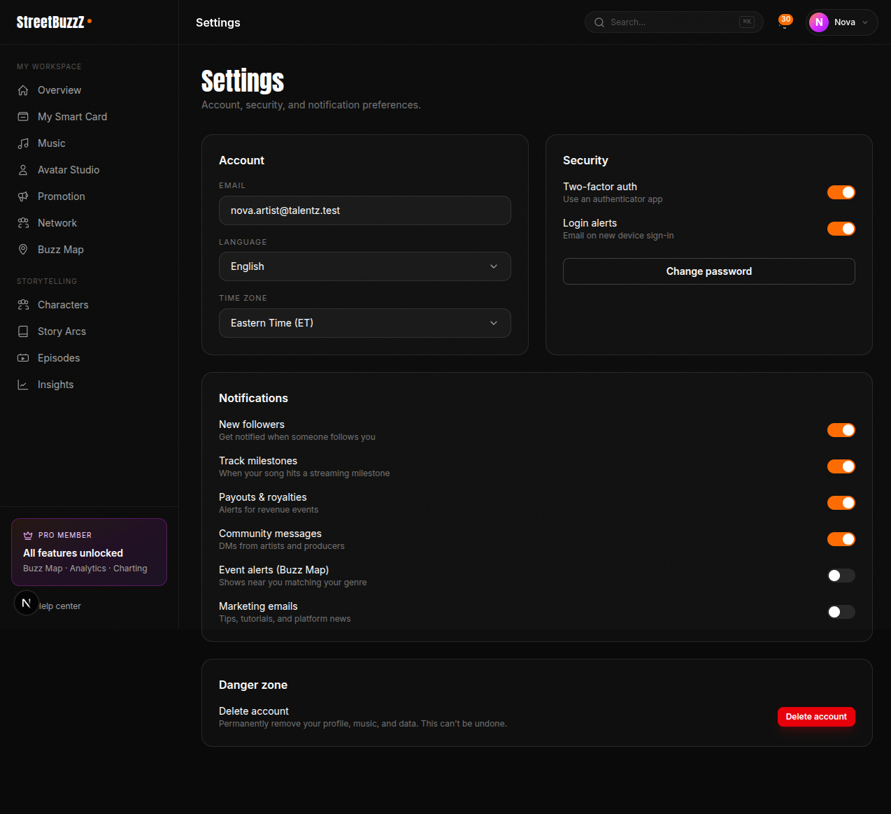 Settings page
