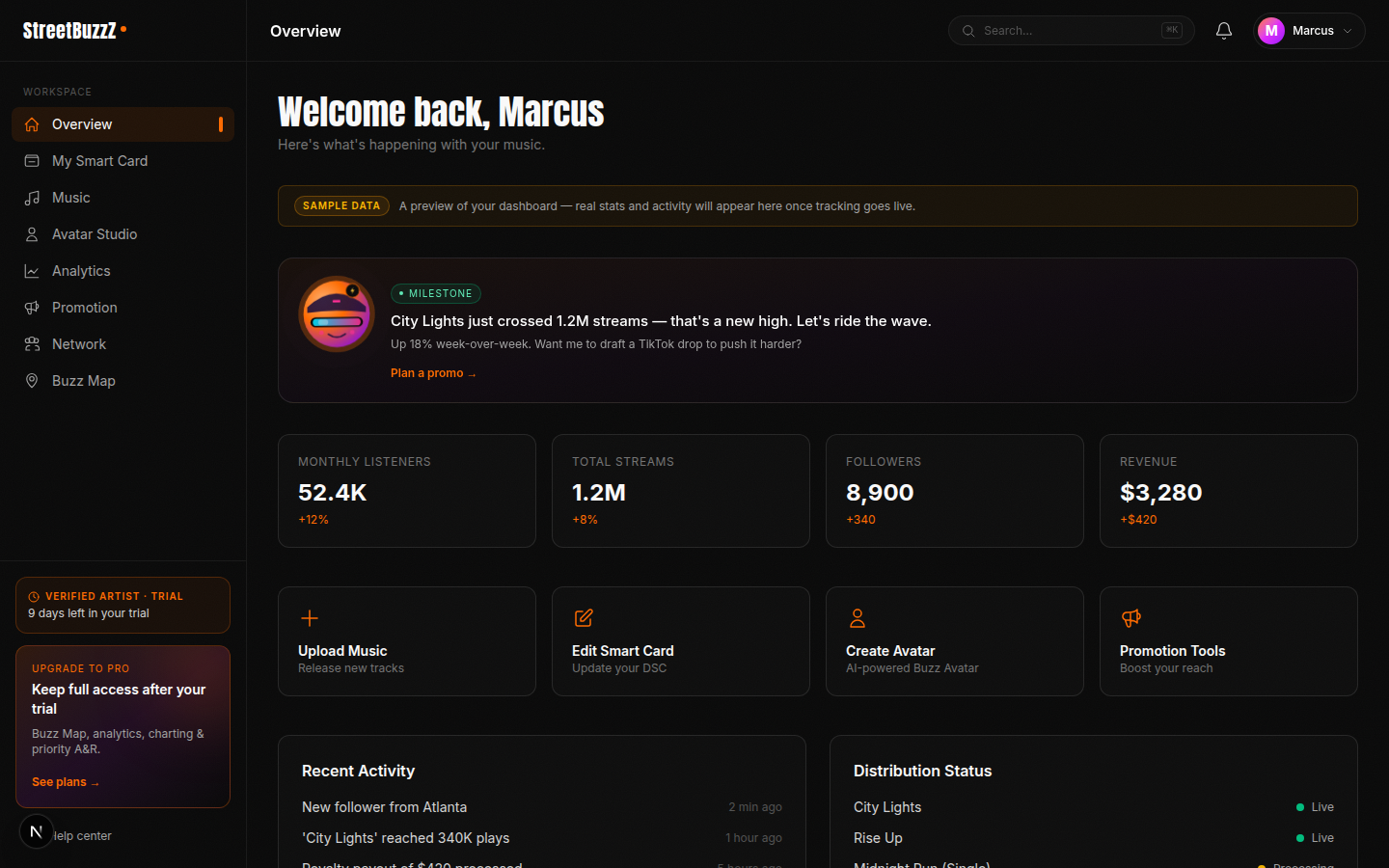 Sidebar showing the Verified Artist trial badge and an upgrade card