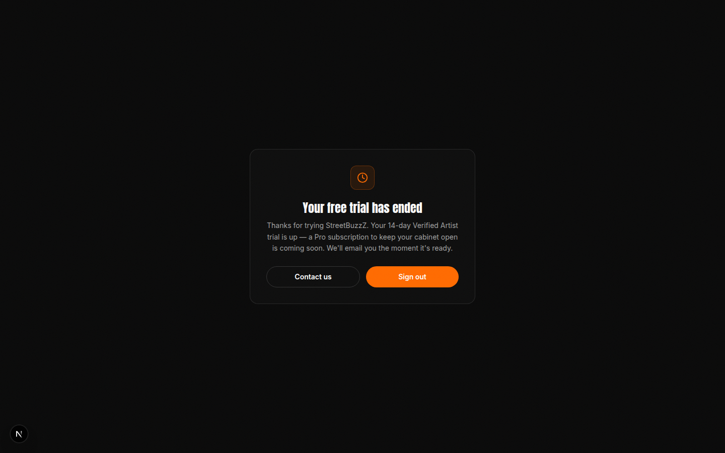 The trial-ended upgrade screen